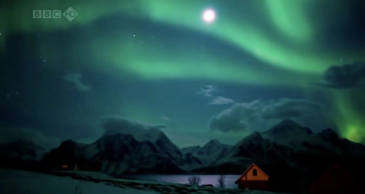Joanna Lumley seeing the northern lights and full moon above the Lyngen Alps